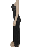 Black Sexy Solid Color Sequins High Slit Spaghetti Strap Long Dresses