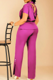 Black Casual Solid Color Buckle Turndown Collar Plus Size Two Pieces