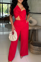 Red Casual Solid Color Pocket Bow Decor Asymmetrical Collar Sleeveless Two Pieces