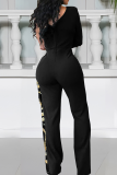 Green Casual Sequins Oblique Collar Regular Jumpsuits