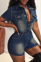 Deep Blue Casual Solid Color Buckle Turndown Collar Short Sleeve Regular Denim Jumpsuits
