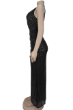Black Elegant Solid Color Sequins Slit O Neck Long Dresses