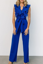 Blue Casual Solid Color Strap Design Stringy Selvedge V Neck Regular Jumpsuits