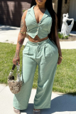 Light Green Casual Daily Solid Color Buckle Turndown Collar Sleeveless Two Pieces