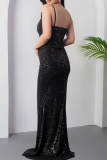 Black Sexy Solid Color Sequins High Slit Spaghetti Strap Long Dresses