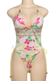 Yellow Sexy Print Strap Design Spaghetti Strap Sleeveless Two Pieces