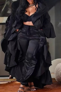 Black Casual Solid Color Ruffle Cardigan Collar Outerwear