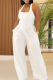 White Casual Solid Color Pocket Backless Halter Loose Jumpsuits
