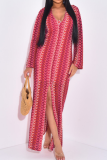 Red Vacation Print V Neck Long Dresses
