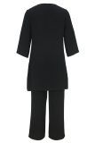 Black Casual Daily Solid Color Patchwork O Neck Three Quarter Two Pieces