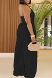 Red Casual Solid Color Pocket Backless Halter Loose Jumpsuits