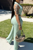 Light Green Casual Daily Solid Color Buckle Turndown Collar Sleeveless Two Pieces