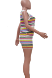 Colour Casual Stripe Buckle O Neck Sleeveless Two Pieces