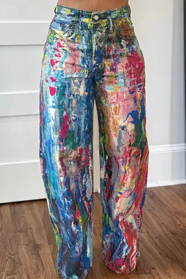 Colour Casual Daily Print Loose Mid Waist Conventional Full Print Bottoms