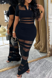 Blue Casual Solid Color See-Through Turndown Collar Long Dresses