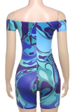 Blue Sexy Print Off Shoulder Skinny Rompers
