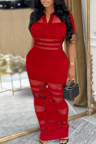 Red Casual Solid Color See-Through Turndown Collar Long Dresses