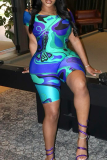 Blue Sexy Print Off Shoulder Skinny Rompers