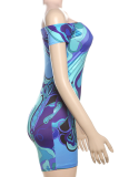 Blue Sexy Print Off Shoulder Skinny Rompers
