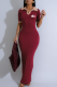 Burgundy Casual Letters Turndown Collar Long Dresses