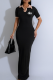 Black Casual Letters Turndown Collar Long Dresses