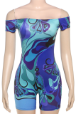 Blue Sexy Print Off Shoulder Skinny Rompers
