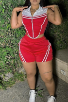Red Casual Daily Stripe Zipper Contrast Zipper Collar Sleeveless Two Pieces
