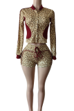 Pink Sexy Leopard Print Draw String Zipper Contrast Zipper Collar Long Sleeve Two Pieces