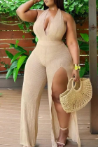 Khaki Sexy Solid Color Backless High Slit Halter Regular Jumpsuits
