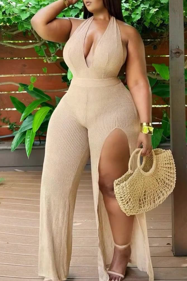 Khaki Sexy Solid Color Backless High Slit Halter Regular Jumpsuits