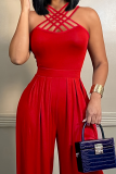 Red Casual Solid Color Backless Spaghetti Strap Bodycon Jumpsuits