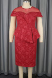 Red Elegant Solid Color Slit O Neck Evening Dresses