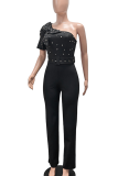 Black Casual Solid Color Hot Drill Flower Shape Oblique Collar Regular Jumpsuits