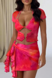 Red Sexy Print Slit Irregular Asymmetrical Collar Short Sleeve Two Pieces
