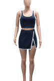 Tibetan Blue Casual Sportswear Solid Color Slit U Neck Sleeveless Two Pieces