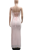 Pink Elegant Solid Color High Slit Feather Trim Spaghetti Strap Evening Dresses