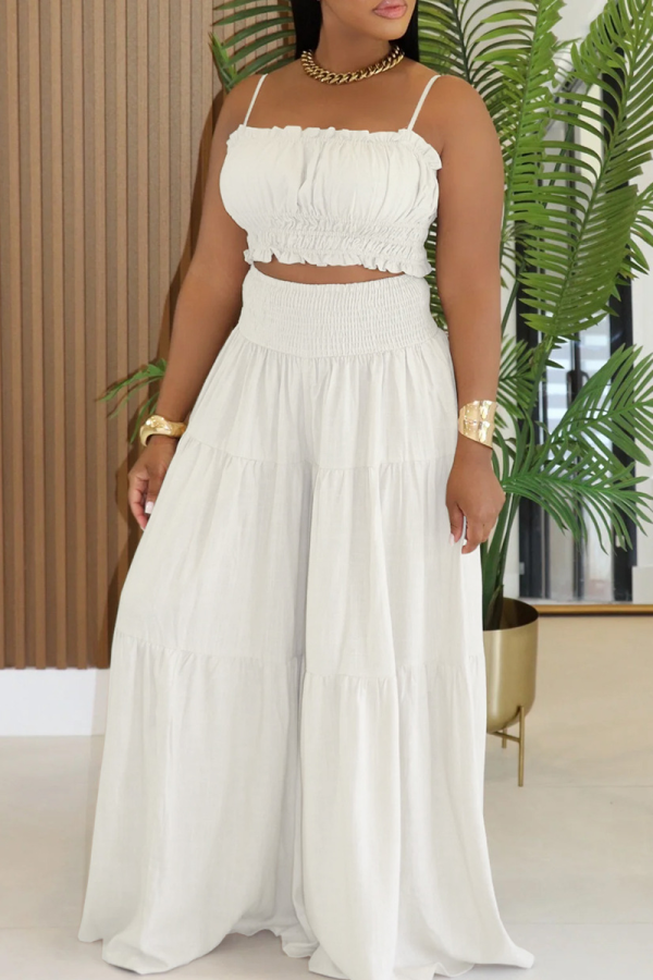 White Casual Solid Color Ruched Spaghetti Strap Sleeveless Two Pieces