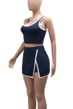 Tibetan Blue Casual Sportswear Solid Color Slit U Neck Sleeveless Two Pieces