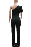 Black Casual Solid Color Hot Drill Flower Shape Oblique Collar Regular Jumpsuits