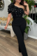 Black Casual Solid Color Hot Drill Flower Shape Oblique Collar Regular Jumpsuits