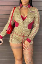 Red Sexy Leopard Print Draw String Zipper Contrast Zipper Collar Long Sleeve Two Pieces