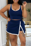 Tibetan Blue Casual Sportswear Solid Color Slit U Neck Sleeveless Two Pieces