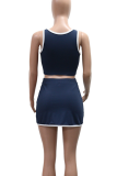 Tibetan Blue Casual Sportswear Solid Color Slit U Neck Sleeveless Two Pieces