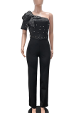 Black Casual Solid Color Hot Drill Flower Shape Oblique Collar Regular Jumpsuits