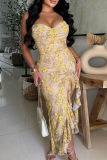 Yellow Sexy Print Slit Flounce Spaghetti Strap Irregular Dresses