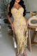 Yellow Sexy Print Slit Flounce Spaghetti Strap Irregular Dresses