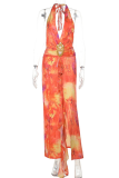 Tangerine Red Sexy Print Flounce Halter Long Dresses