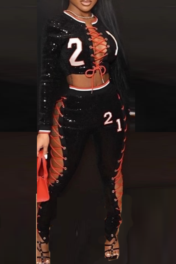 Black Casual Digital Sequins Cross Straps O Neck Long Sleeve Two Pieces