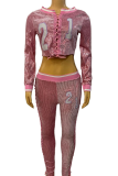 Pink Casual Digital Sequins Cross Straps O Neck Long Sleeve Two Pieces