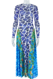 Turquoise Casual Print Patchwork O Neck Long Dresses